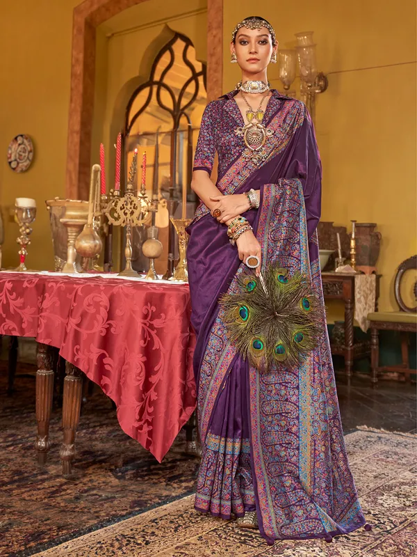 Purple silk printed saree for women