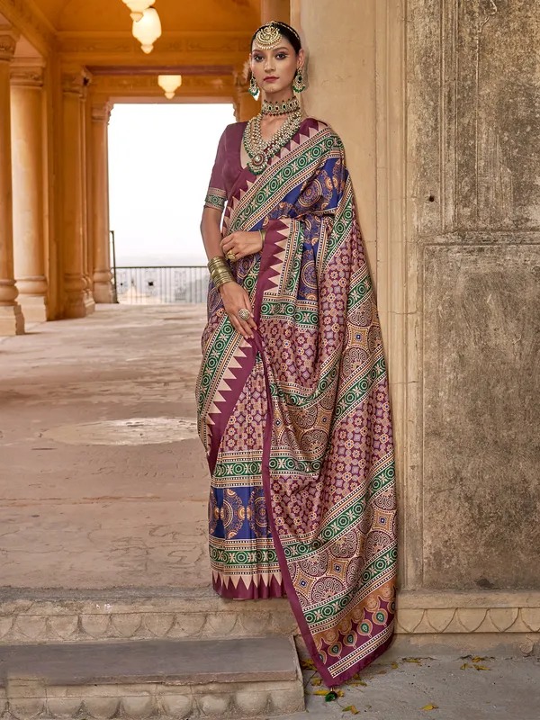 Purple silk printed saree for women party wear