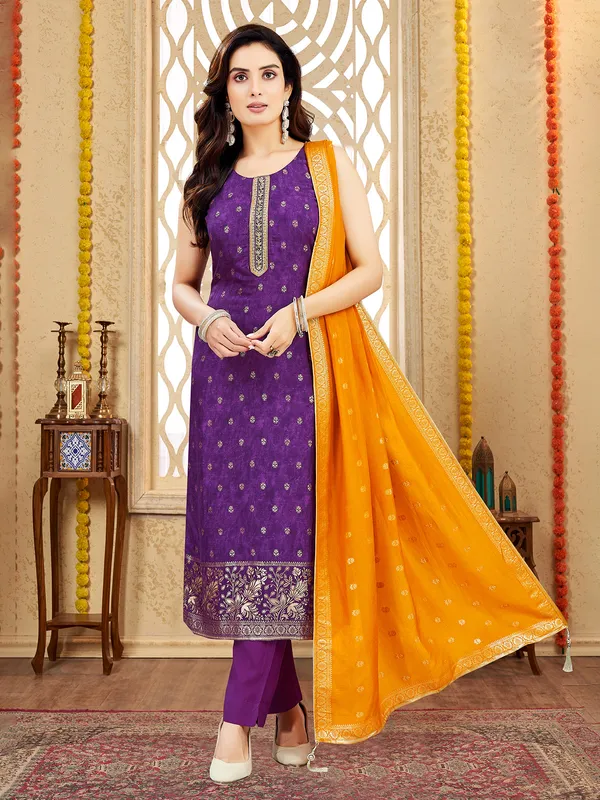 Purple silk salwar suit with cutdana and resham glam