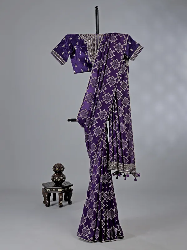 Purple silk saree ready made blouse with zari embellishments