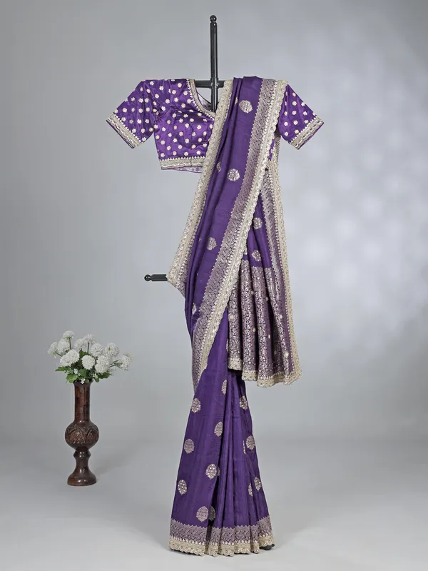Purple silk saree with aabla and cutdana work