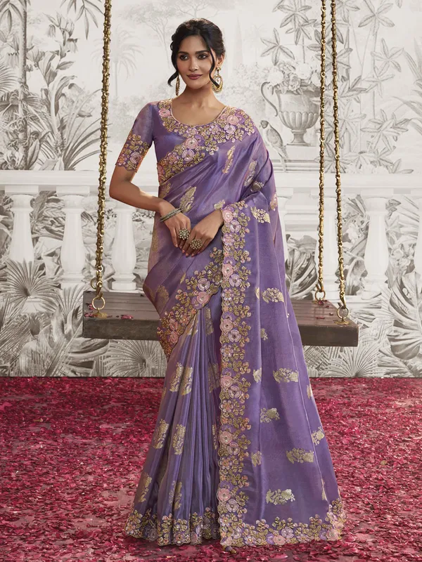 Purple silk saree with sequins embellishment