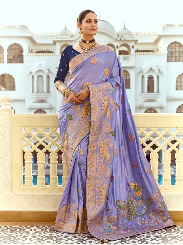 Purple silk saree with zari work for women