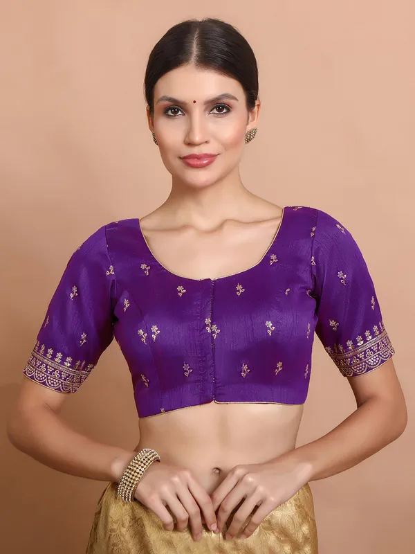 Purple silk sequin embroidered round neck blouse