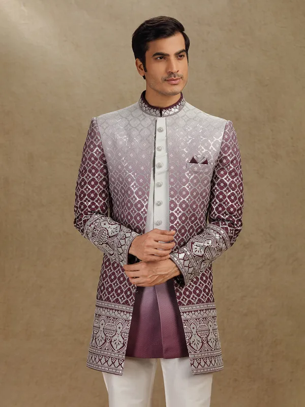 Purple silk shaded indo western for wedding wear