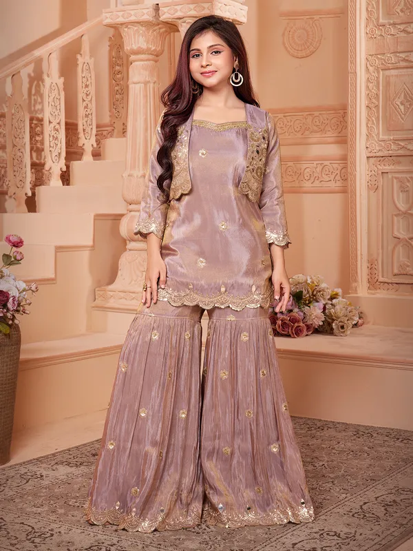 Purple silk sharara salwar suit with embroidered jacket