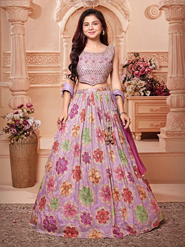 Purple silk sleeveless lehenga choli with dupatta for girls
