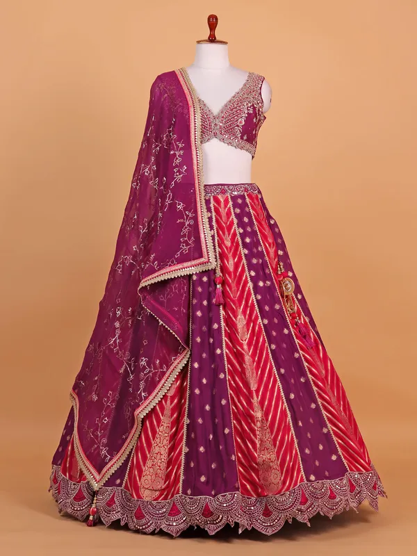 Purple silk sweet heart neck choli suit