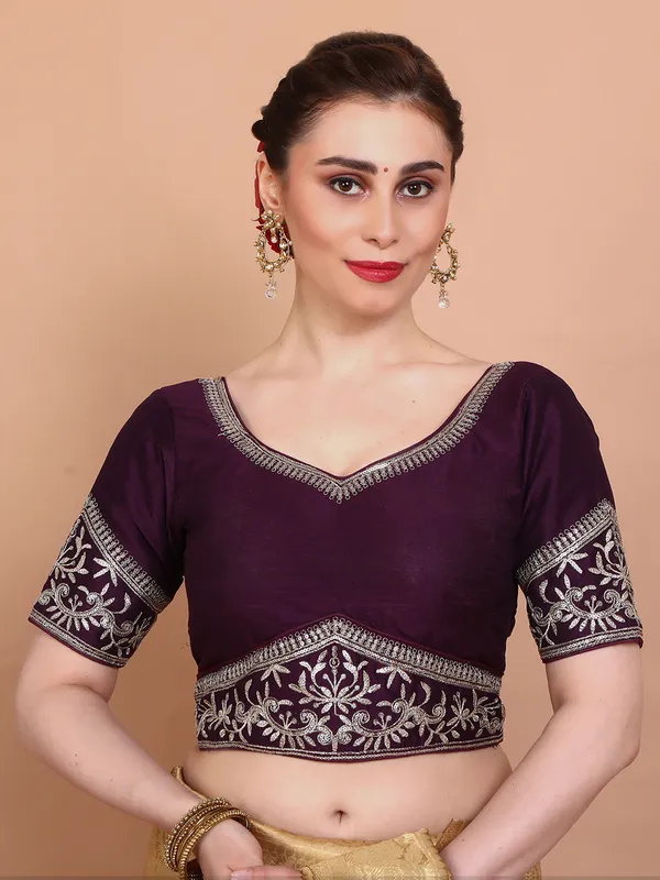 Purple silk sweetheart neck ready made blouse