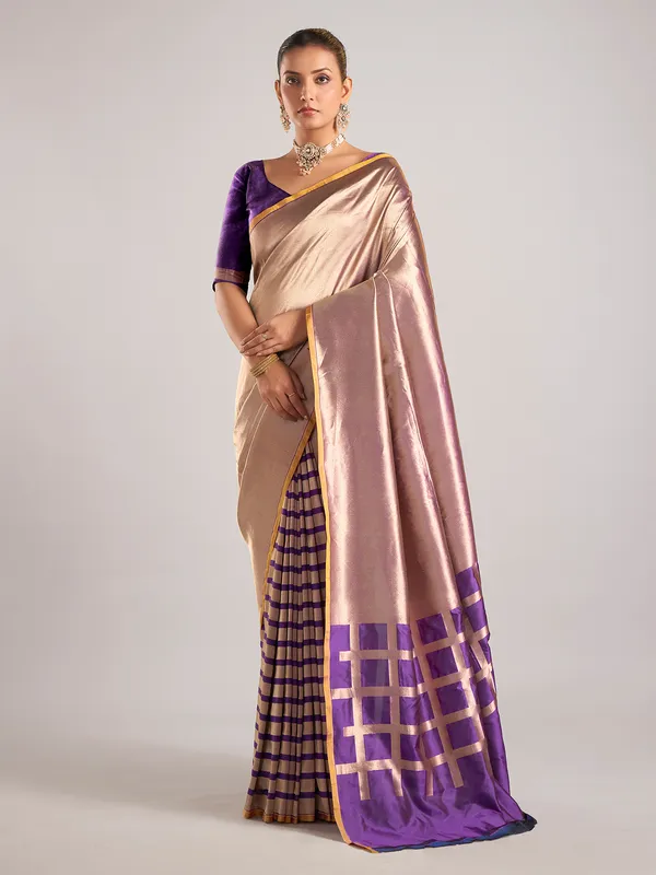 Purple silk unstitched blouse piece with zari weaving