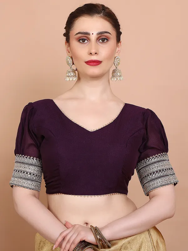 Purple silk V neck ready made blouse