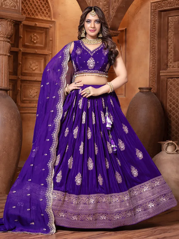 Purple silk wedding wear lehenga choli with zari work