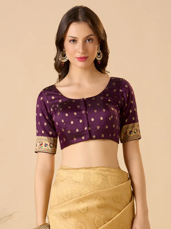 Purple silk zari work ready made blouse with elbow sleeves