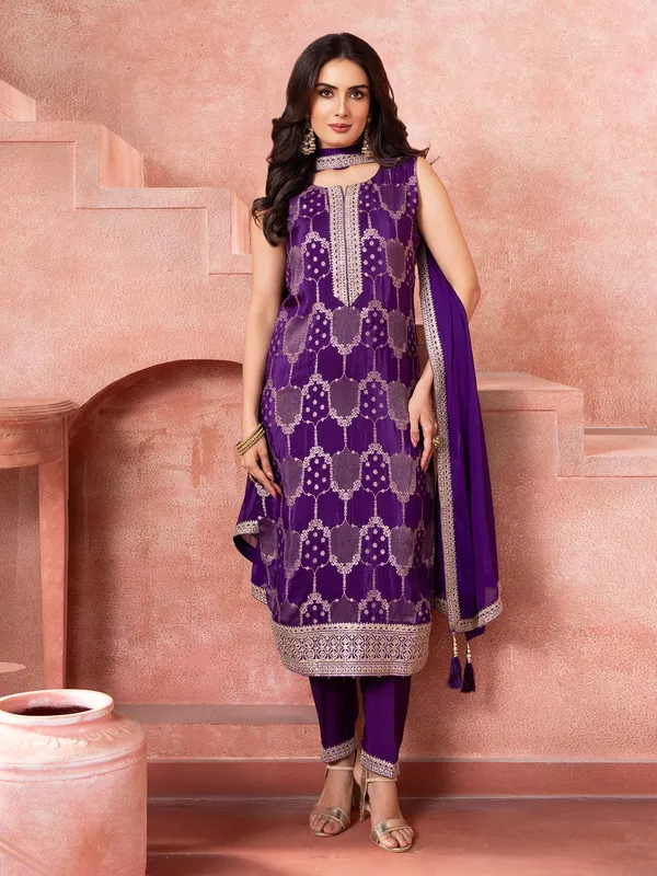 Purple silk zari worked salwar suit