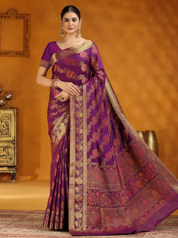 Purple silk zari worked saree