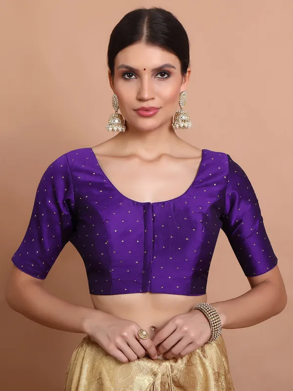 Purple silk zari woven ready made blouse with round neck