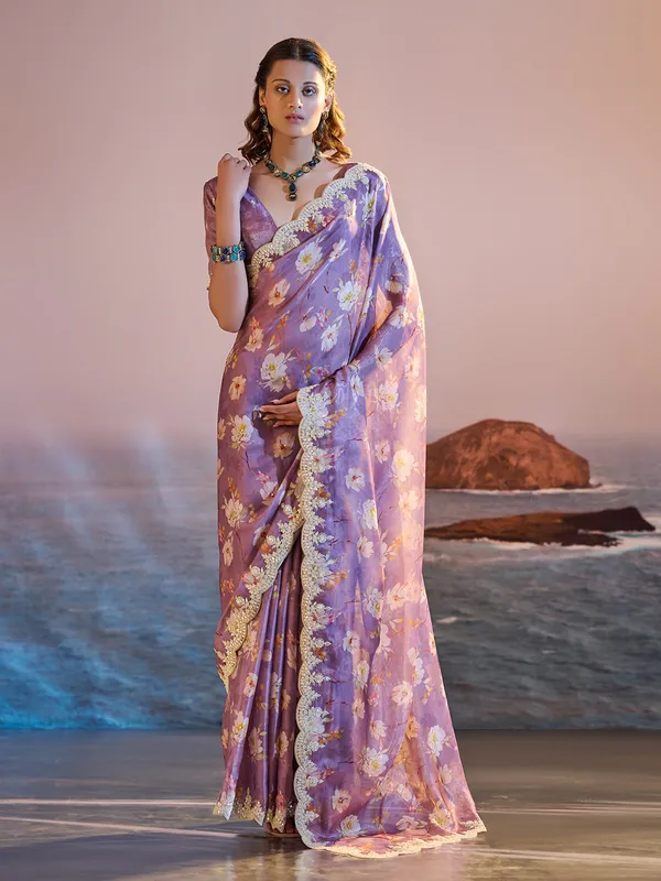 Purple tissue silk printed saree