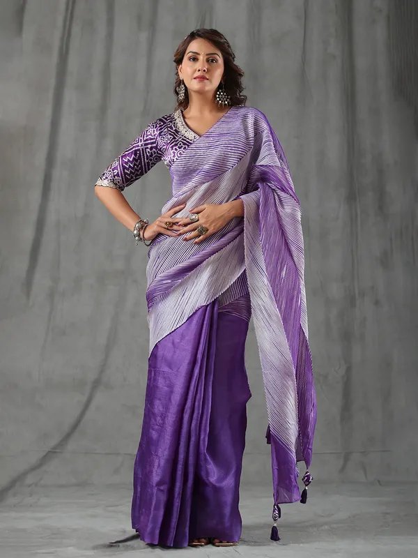 Purple tussar silk half n half saree