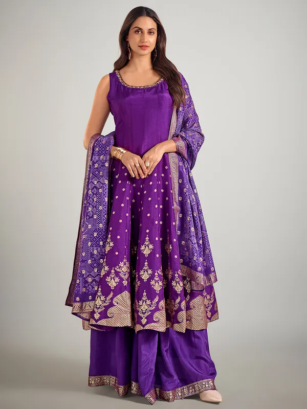 Purple wedding wear silk palazzo suit in silk