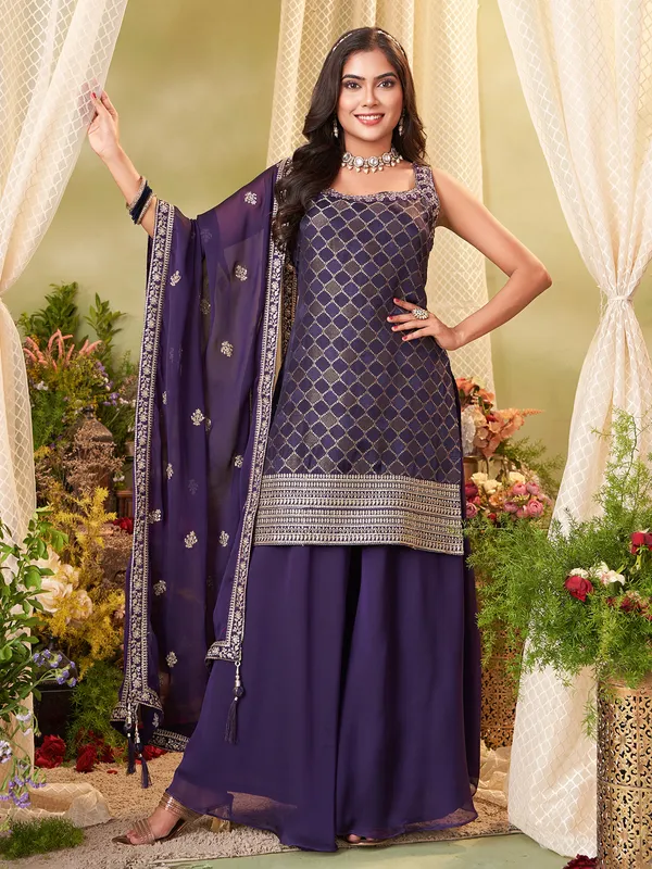 Purple zari weaving palazzo suit with dupatta