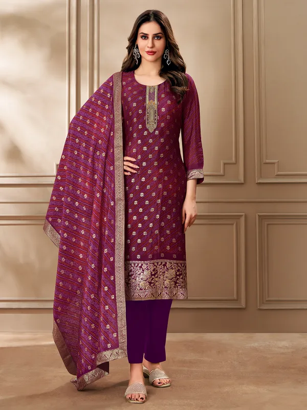 Purple zari worked organza salwar suit