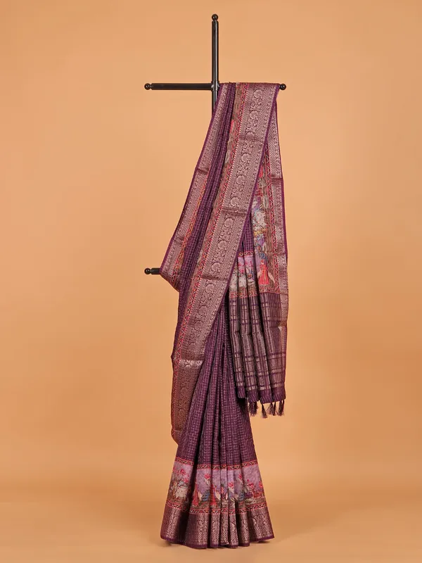 Purple zari worked printed saree in semi dola silk