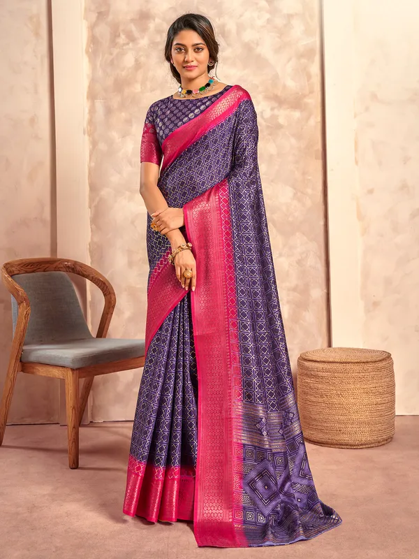Purple zari worked saree in dola silk for women