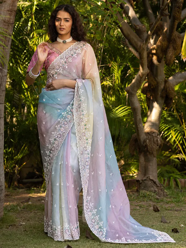 Radiant grace tissue silk saree in mint blue and pink