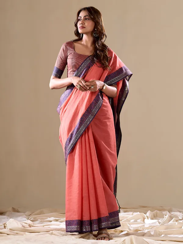 Trendy coral pink cotton saree