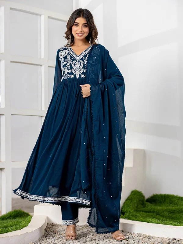 Rama blue anarkali cotton kurti set