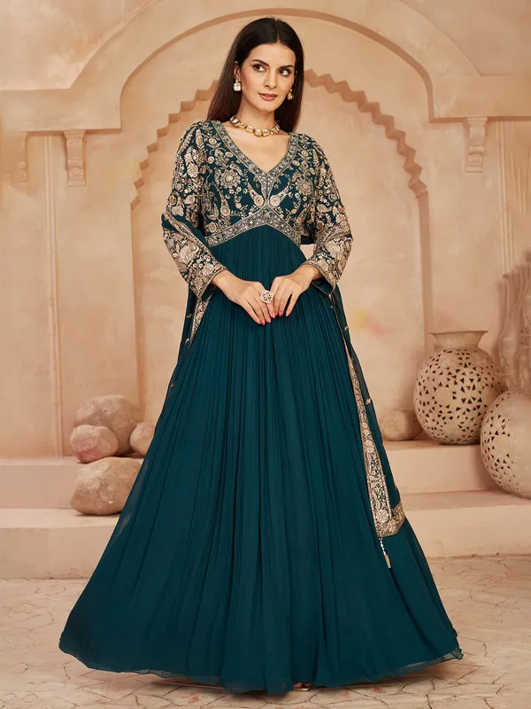 Rama blue anarkali suit with dupatta