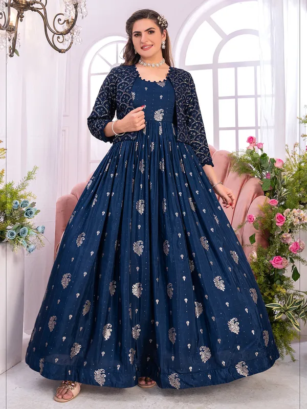 Rama blue banarasi silk anarkali suit