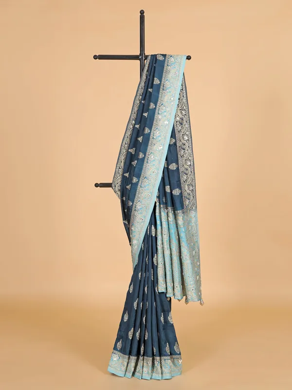 Rama blue banarasi silk saree for wedding
