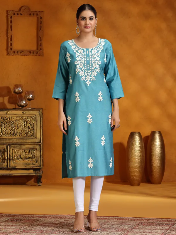 Rama blue casual cotton silk embroidery kurti
