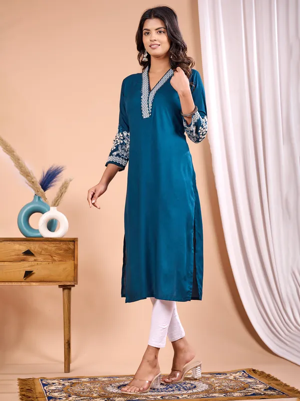 Rama blue casual silk embroidery kurti