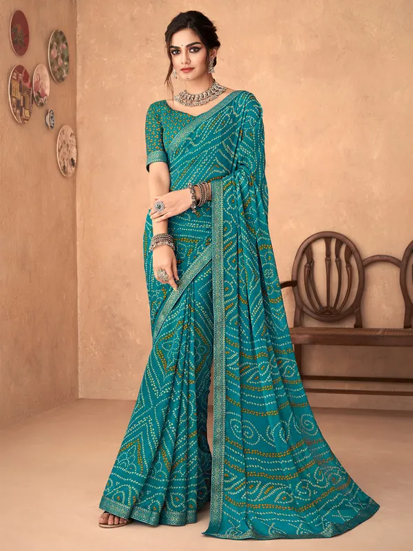 Rama blue chiffon printed saree for women