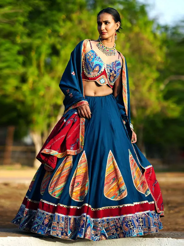 Rama blue cotton silk chaniya choli with dupatta