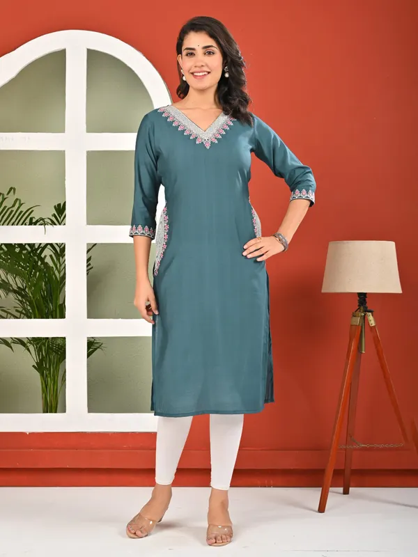 Rama blue cotton silk embroidered kurti with pockets