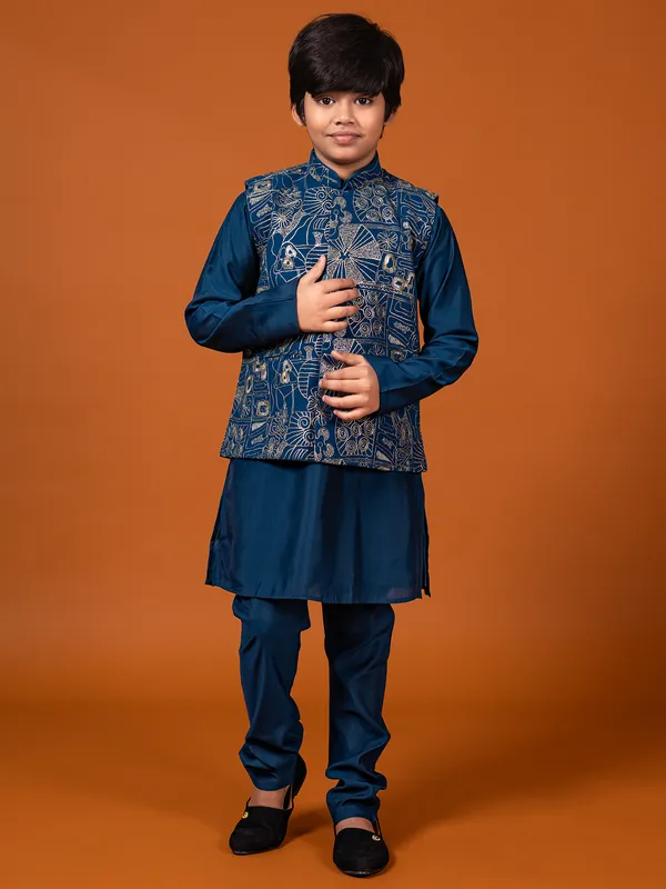 Rama blue cotton silk waistcoat set in resham