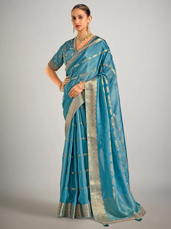 Rama blue dola silk zari weaving saree