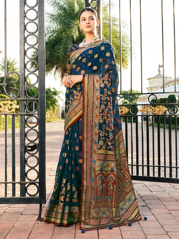Rama blue festive wear georgette saree