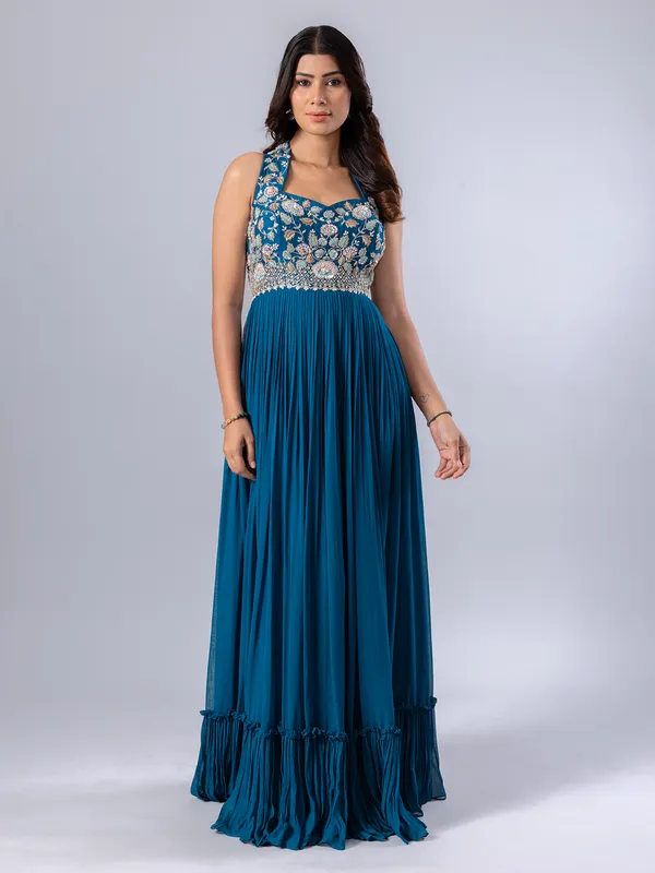 Rama blue floor length suit in soft georgette