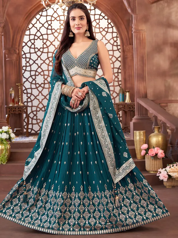 Rama blue georgette embroideried lehenga choli