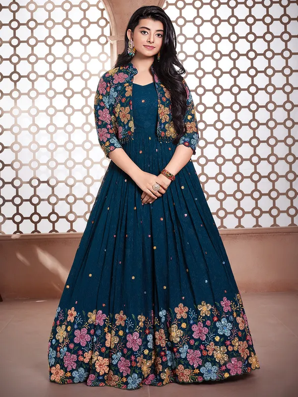 Rama blue georgette gown with jacket