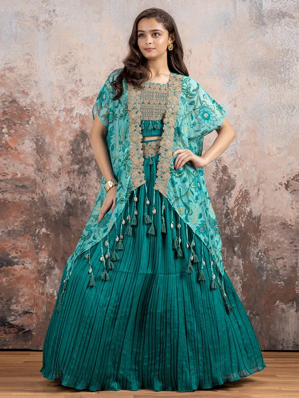 Rama blue georgette lehenga choli with shrug