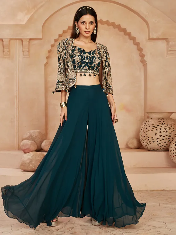 Rama blue georgette palazzo suit with cowrie detailing