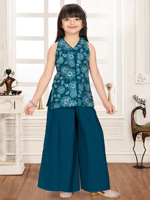 Rama blue georgette palazzo suit with sequins