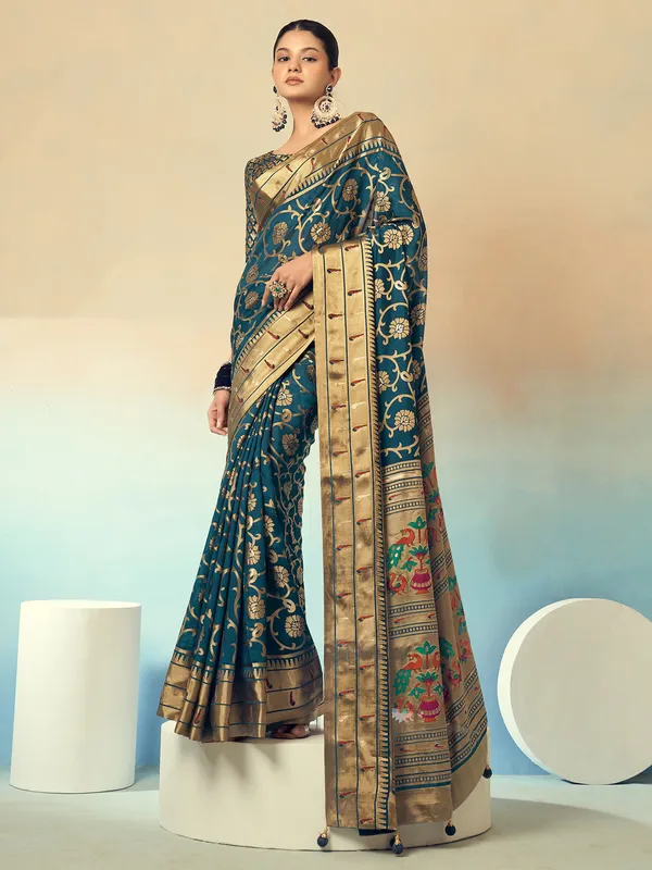 Rama blue georgette saree with zari work