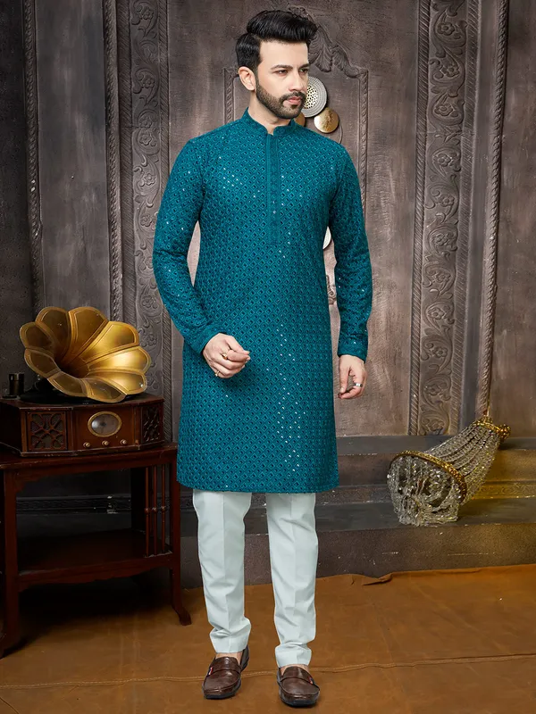 Rama Blue georgette sequins kurta suit for men