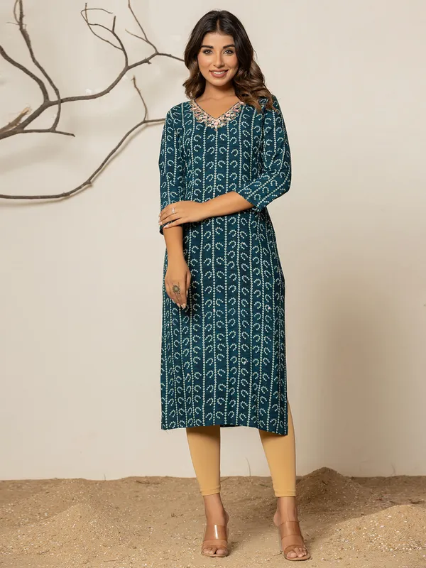 Rama blue leaf printed kurti